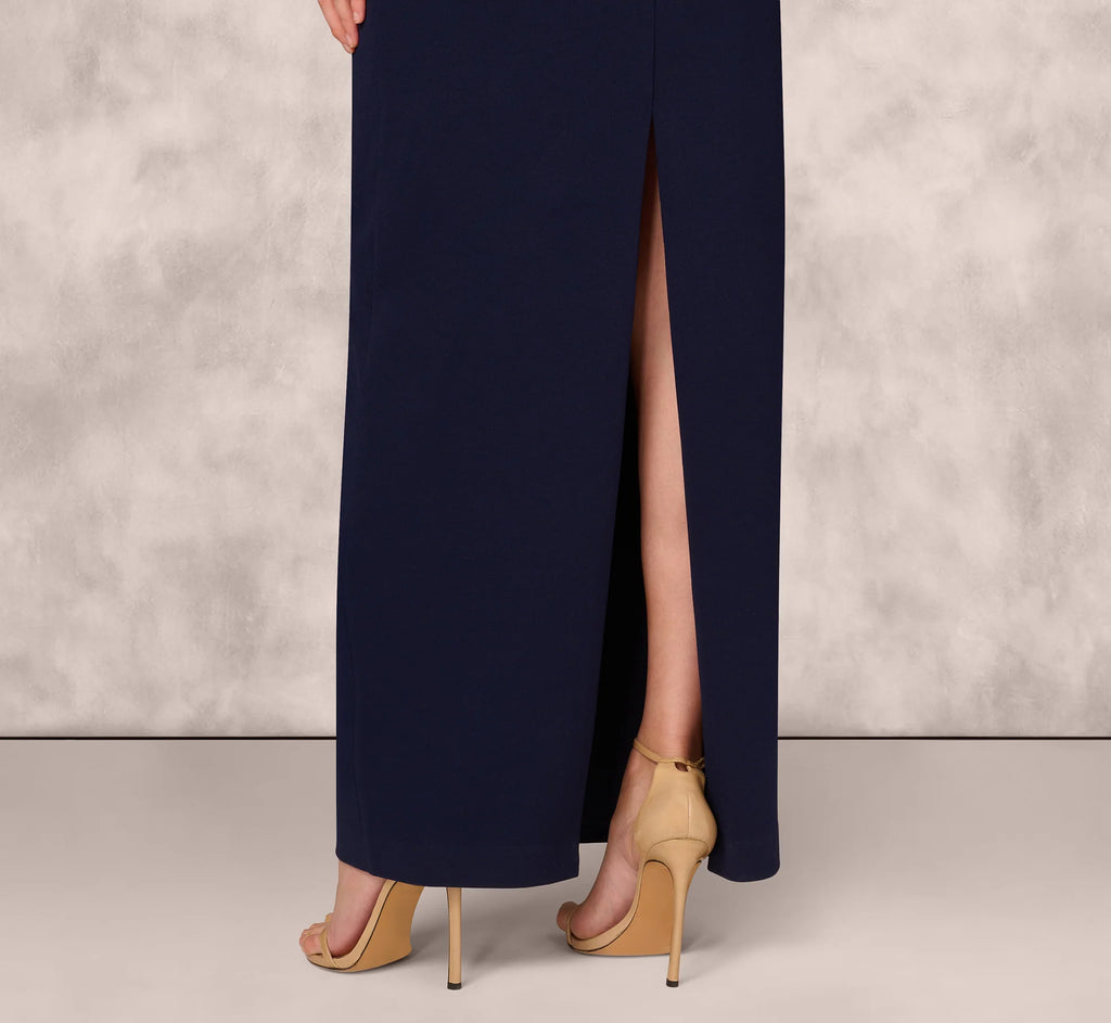Strapless Beaded Flower Gown In Navy