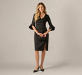 Three Quarter Sleeve Faux Wrap Midi Dress In Black
