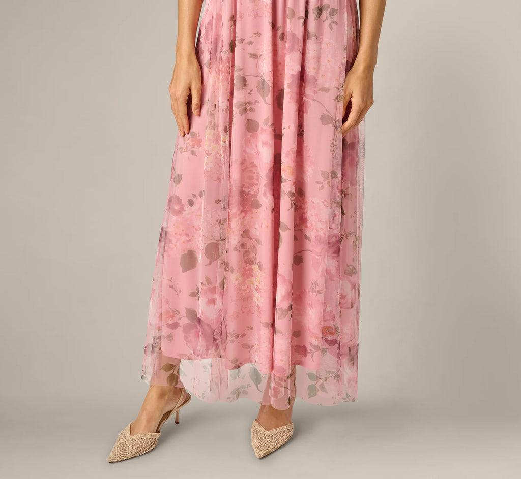 Floral Print Mesh Smocked Maxi Dress In Blush Multi