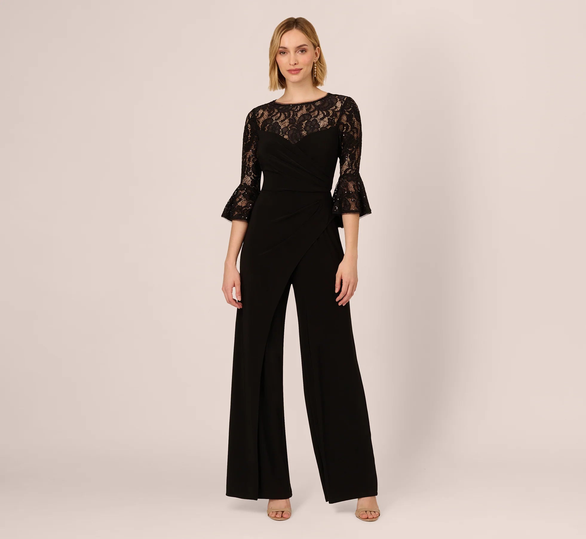 Wide Leg Jersey Jumpsuit With Sheer Lace Bell Sleeves In Black