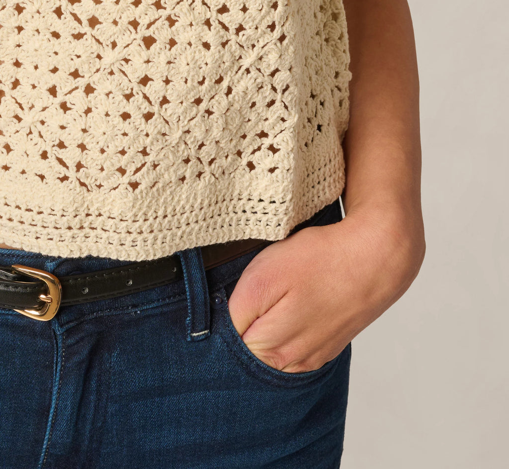 Short Sleeve Open Crochet Top In Cream