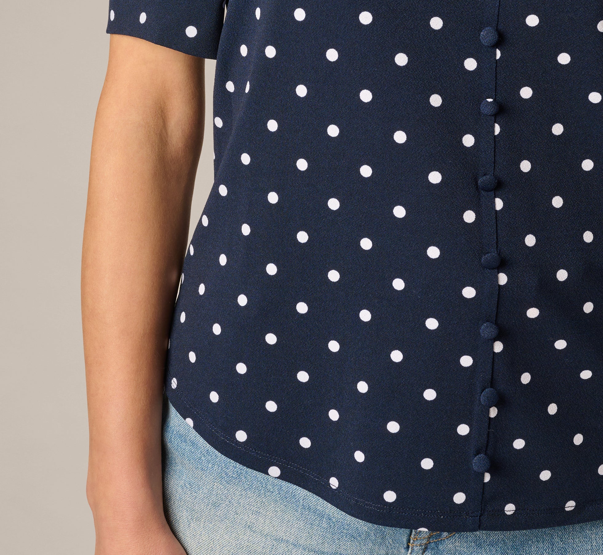 Puff Sleeve Ruffle Collared Top In Navy Ivory Timeless Dot
