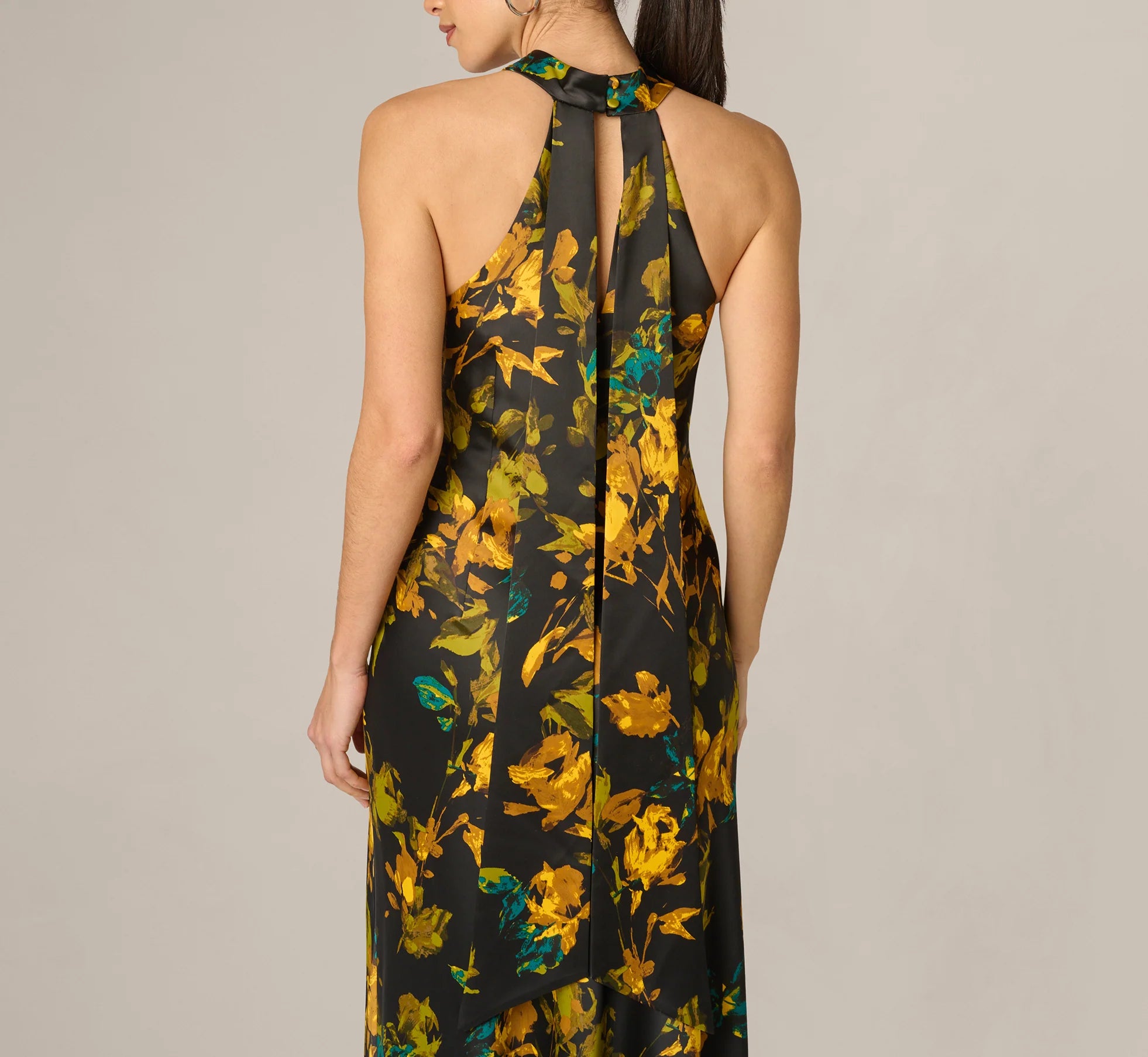 Floral Stretch Satin Scarf Halter Gown In Black Multi