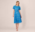 Short Sleeve Belted Lace Midi Dress In Blue Wave