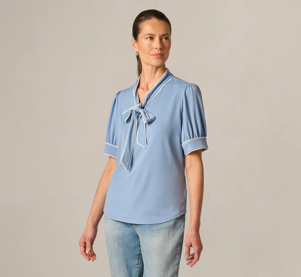 Puff Sleeve Tie Neck Top In Rainwashed Ivory
