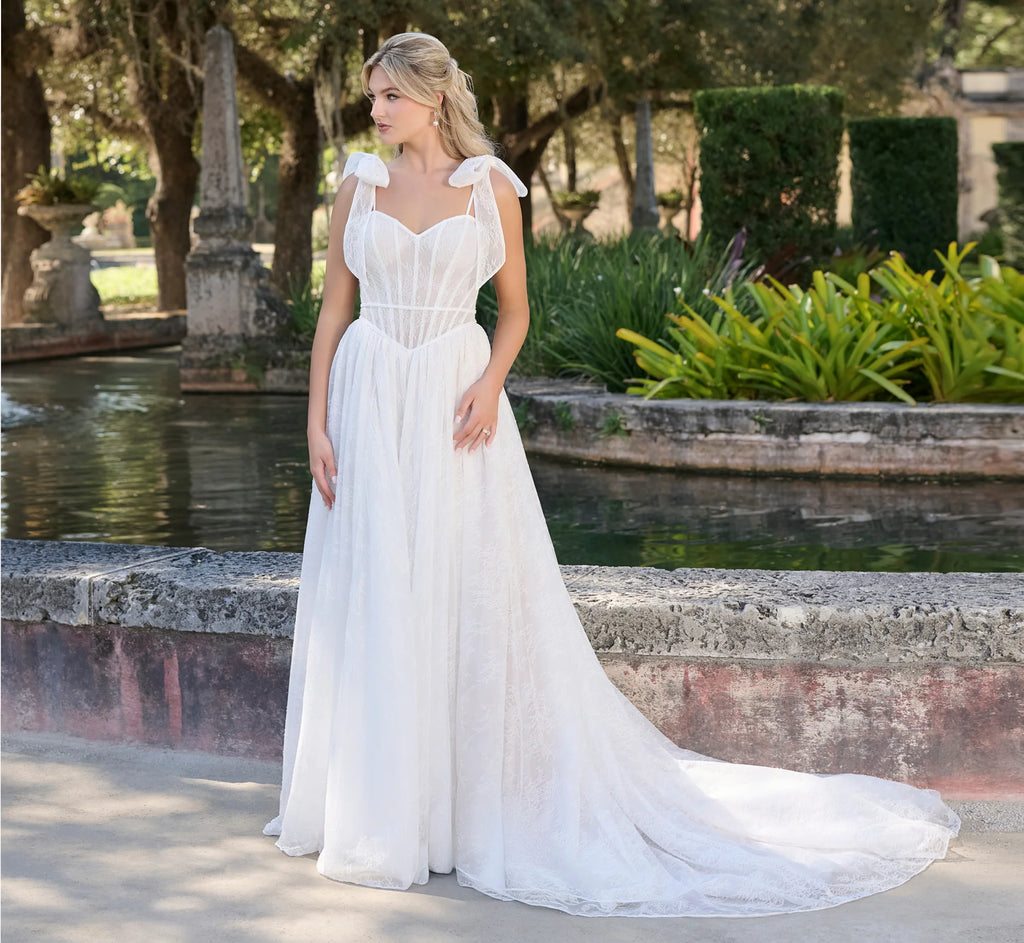 Chantilly lace a-line gown in Ivory French Lilac