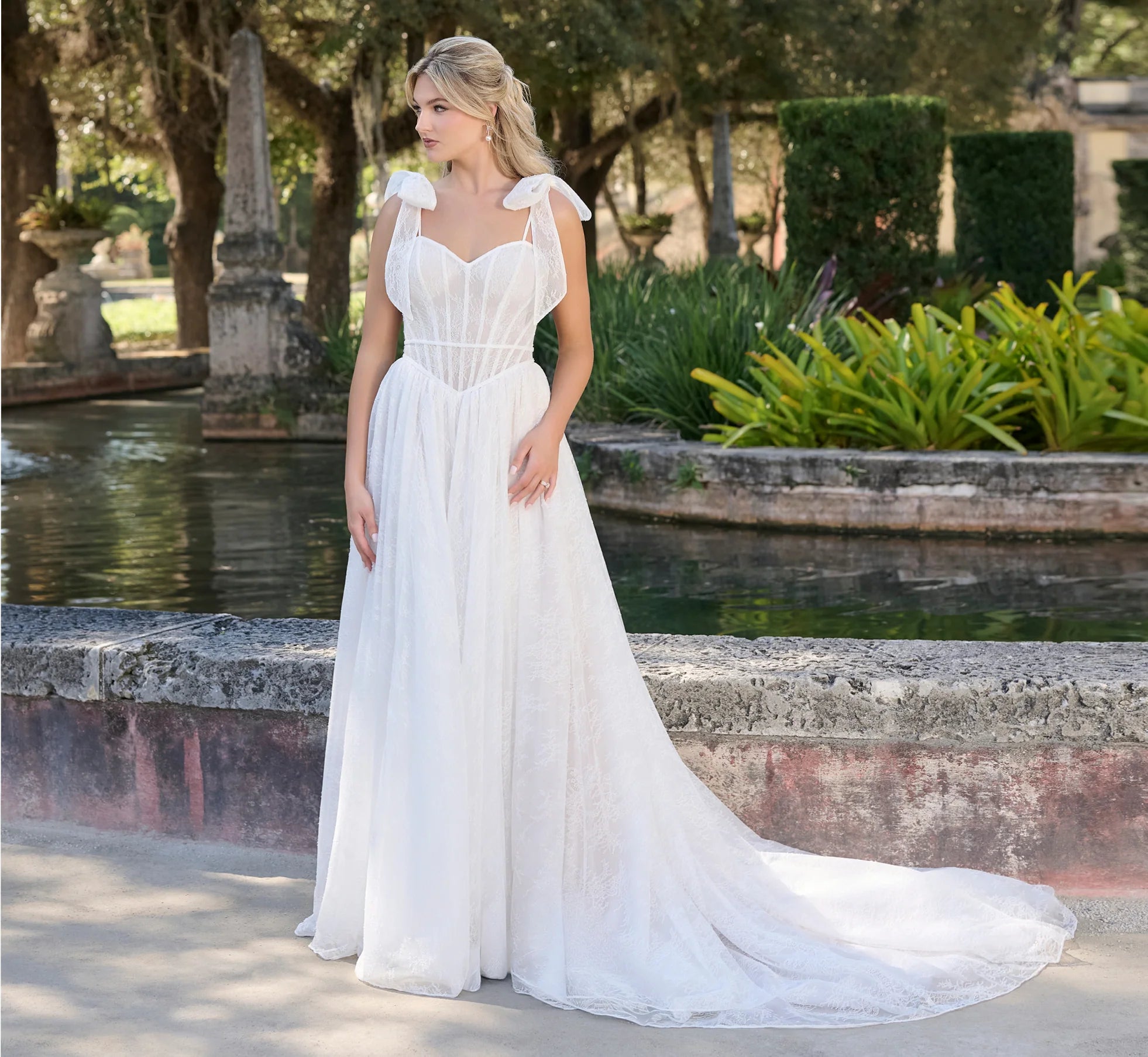 Chantilly lace a-line gown in Ivory French Lilac