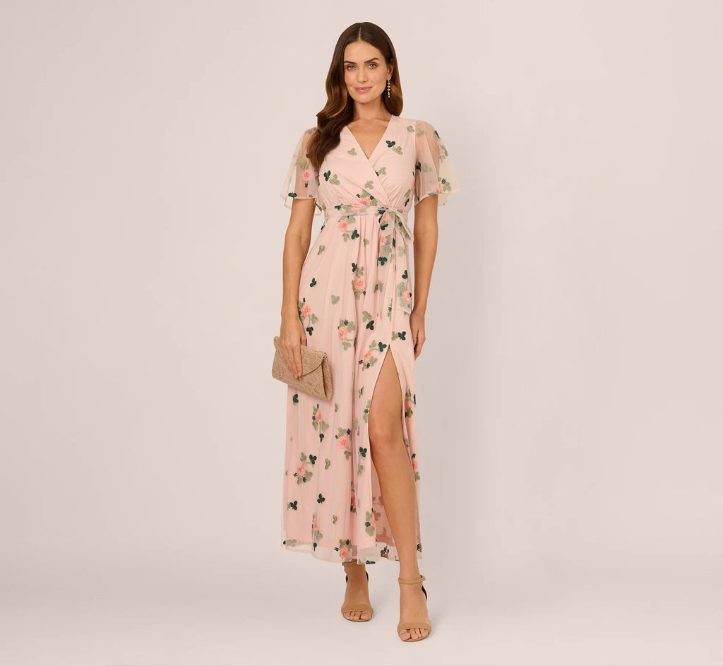 Floral Embroidered Maxi Dress With Sheer Flutter Sleeves In Blush Multi