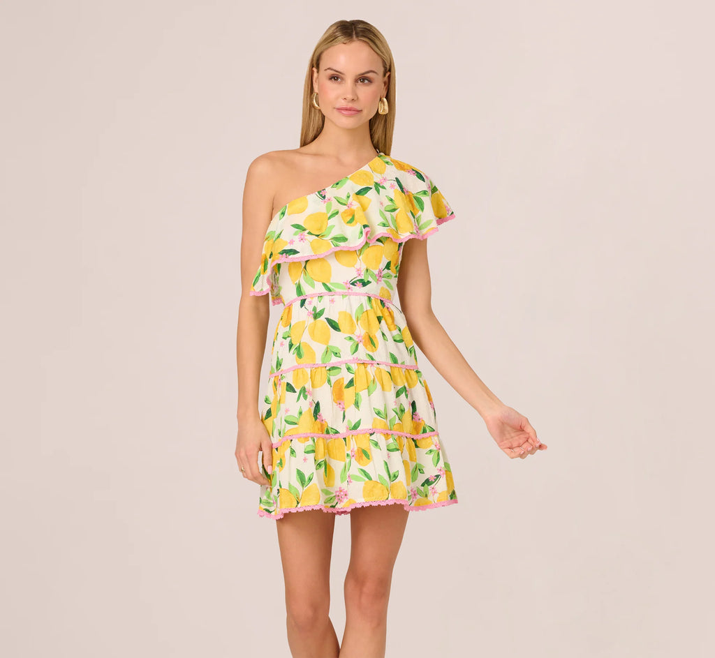 One Shoulder Ruffle Lemon Print Mini Dress In White Multi