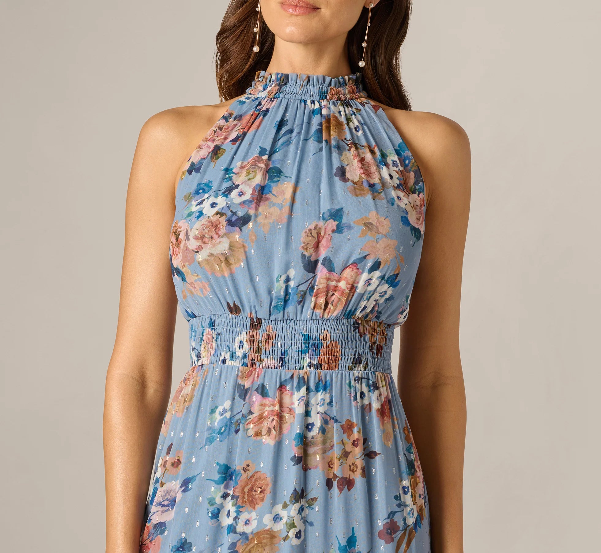 Floral Meta Chiffon Tiered Halter Midi Dress In Blue Multi