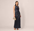 Draped Metallic Foil Long Dress In Navy