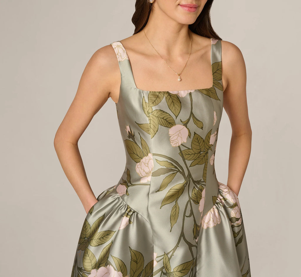 Drop Waist Square Neck Floral Ballgown In Sage Multi