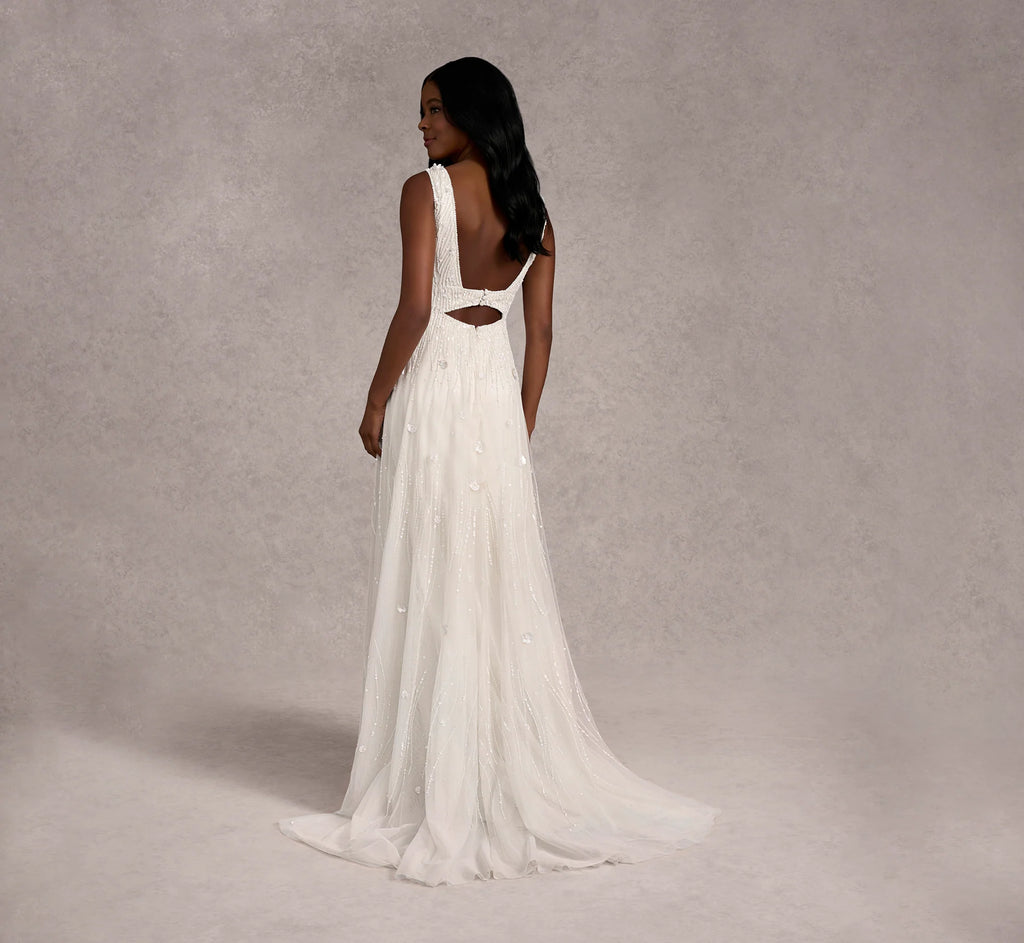 Handed Beaded Mesh Double Waist Soft A-Line Gown In Ivory Ivory