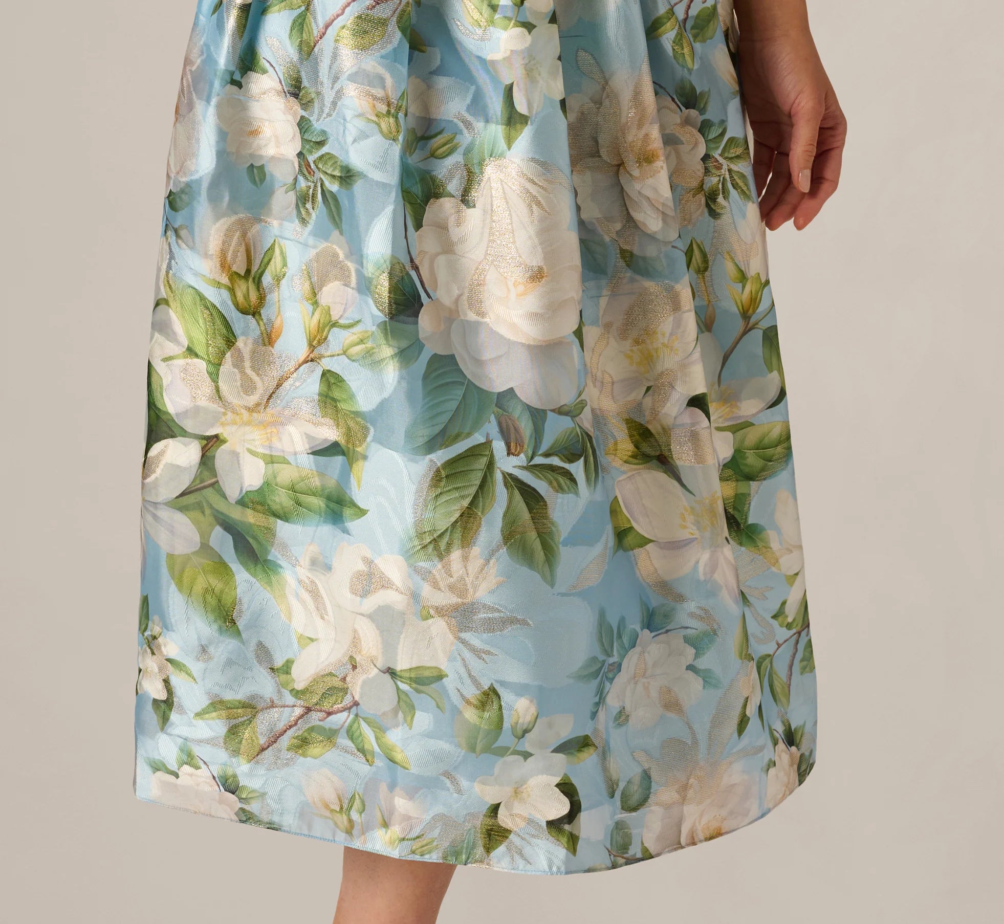 Square Neck Drop Waist Floral Jacquard Dress In Blue Multi