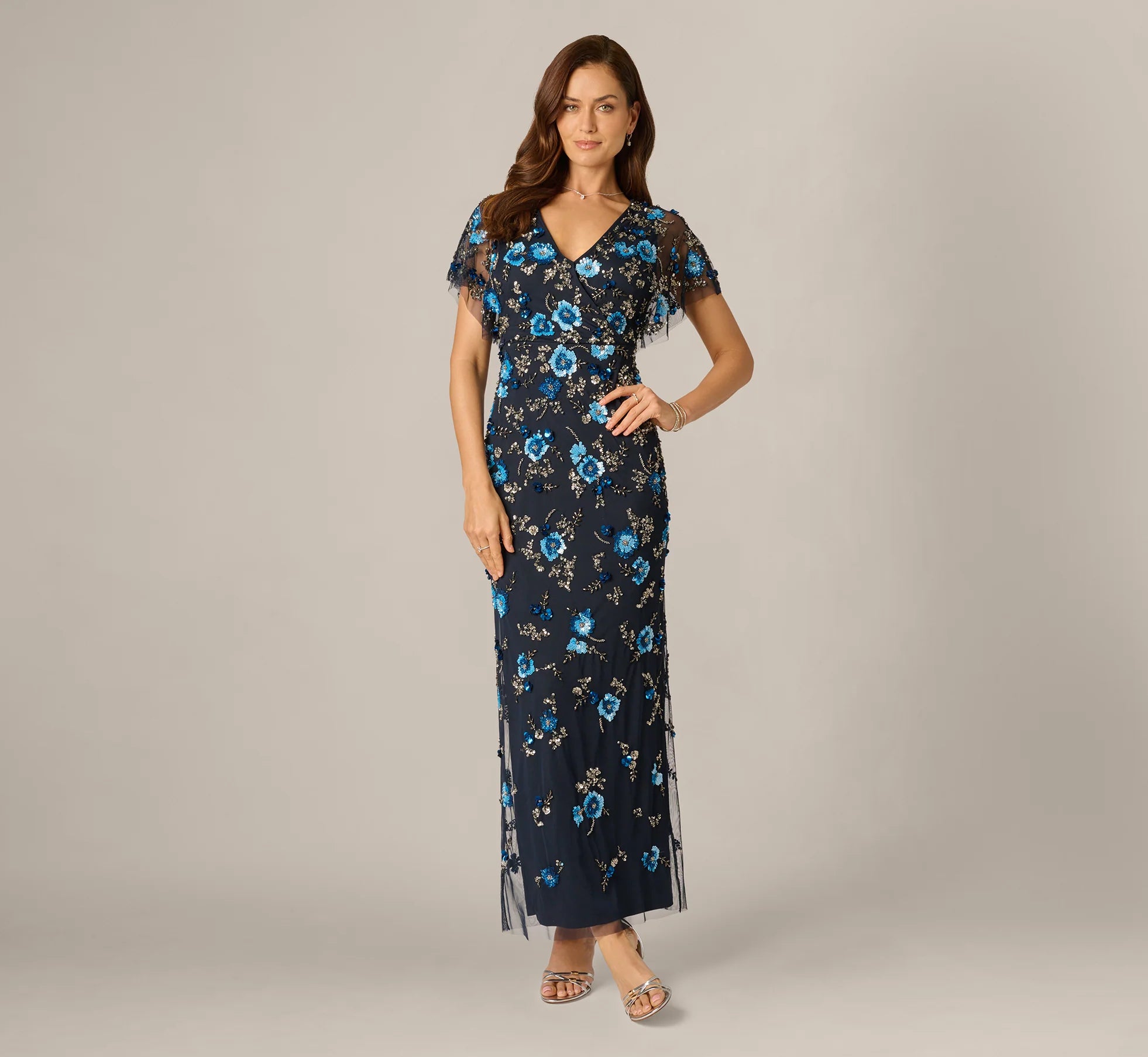 Flutter Sleeve Floral Beaded Column Gown In Midnight Multi