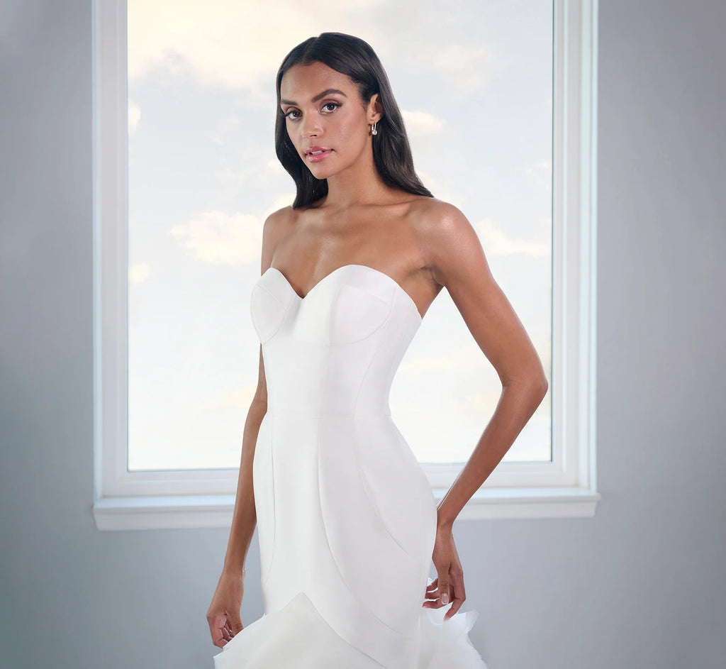 Tulle And Organza Ruffled Gown With Paneled Mikado Bodice In Ivory