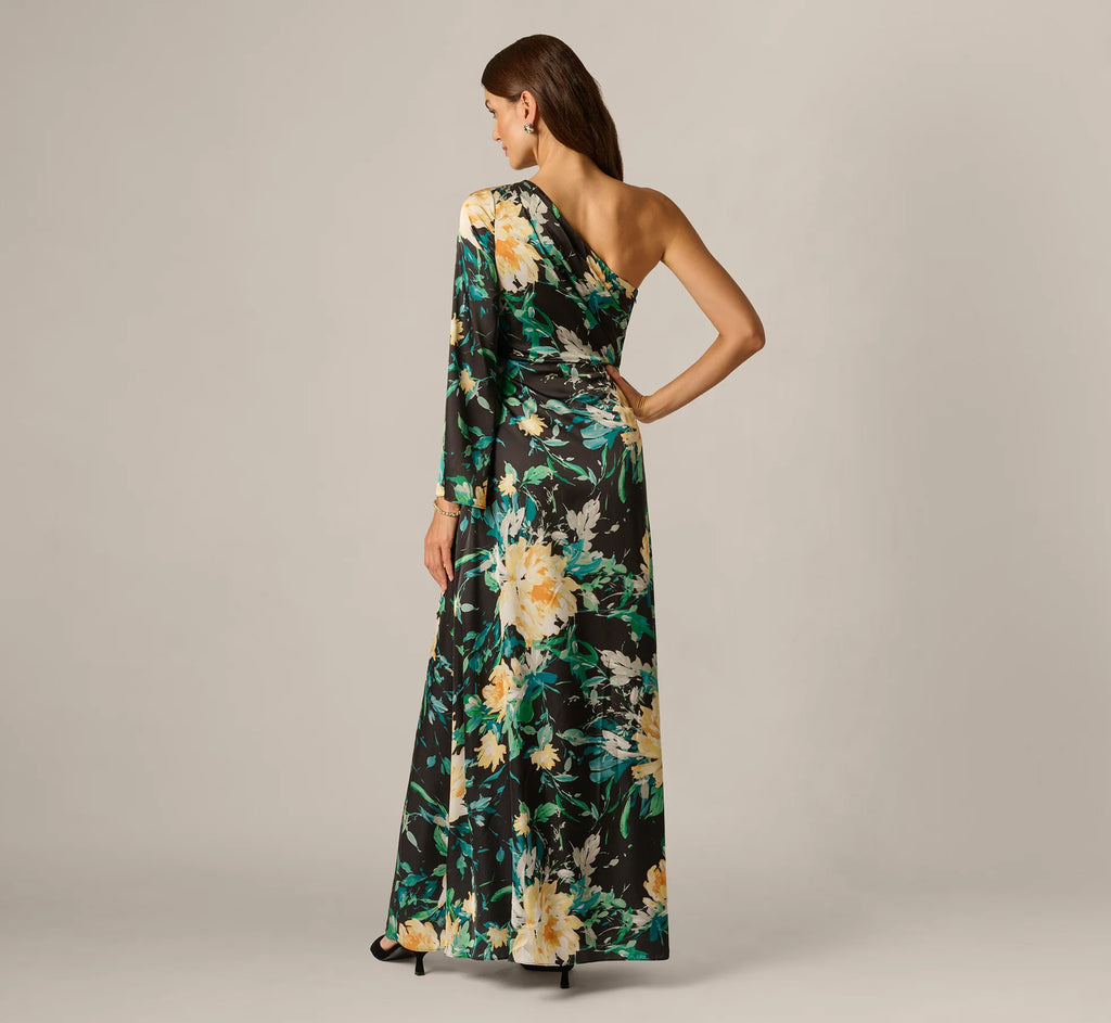 One Shoulder Long Sleeve Floral Satin Gown In Black Multi
