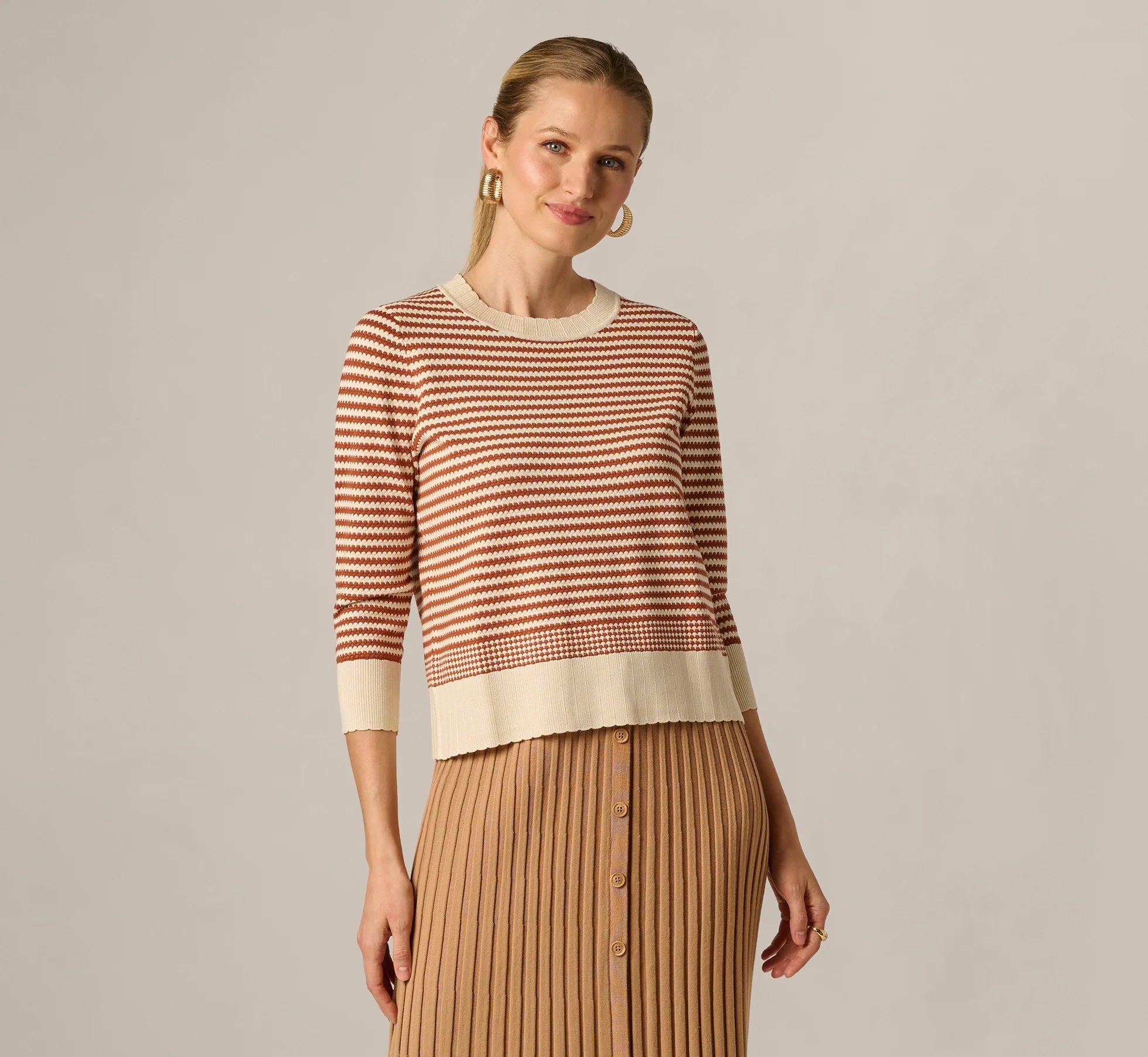 Three Quarter Sleeve Stripe Knit Sweater Top In Cream Mocha Bisque