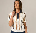 Open Knit Pointelle Scalloped Polo Sweater In Ivory Navy Camel