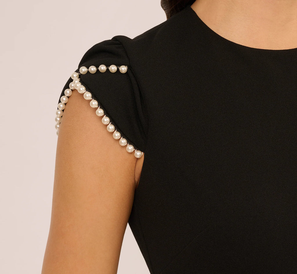 Cap Sleeve Pearly Trim Sheath Dress In Black Ivory