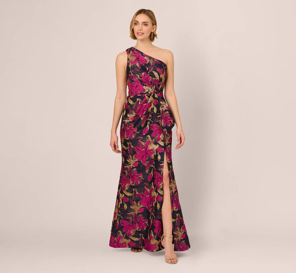 One Shoulder Jacquard Dress In Navy Pink
