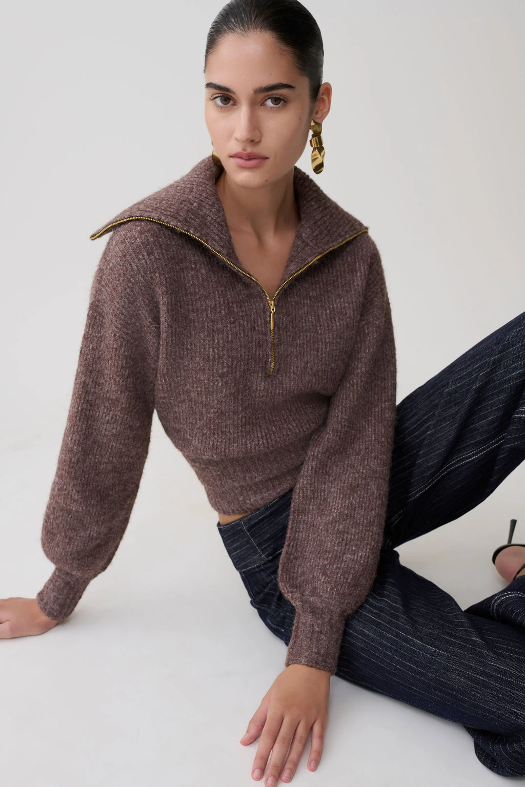 Skylaine Zip Knit Jumper - Brown Marle