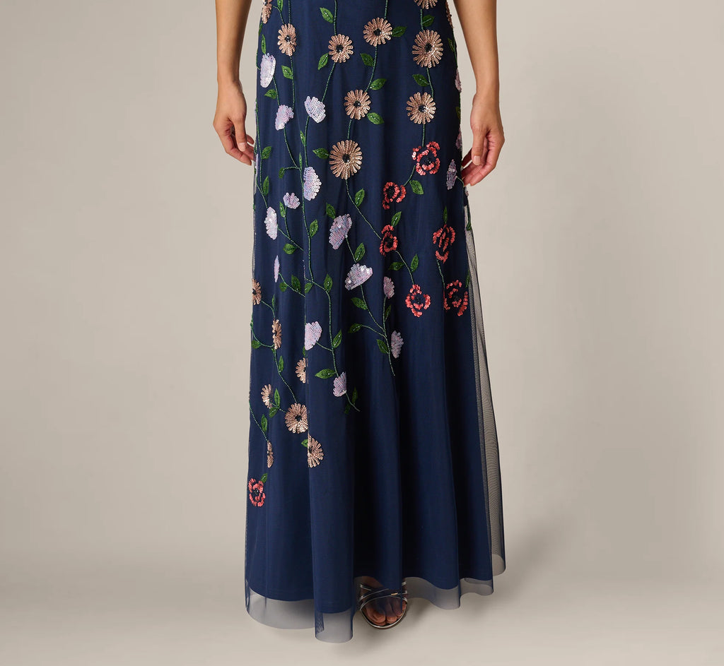 One Shoulder Floral Garden Beaded Gown In Navy Multi