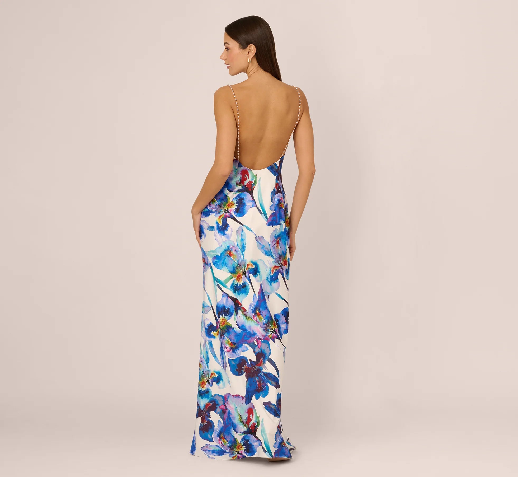 Embellished Strap Floral Satin Slip Dress In Blue Ivory Multi