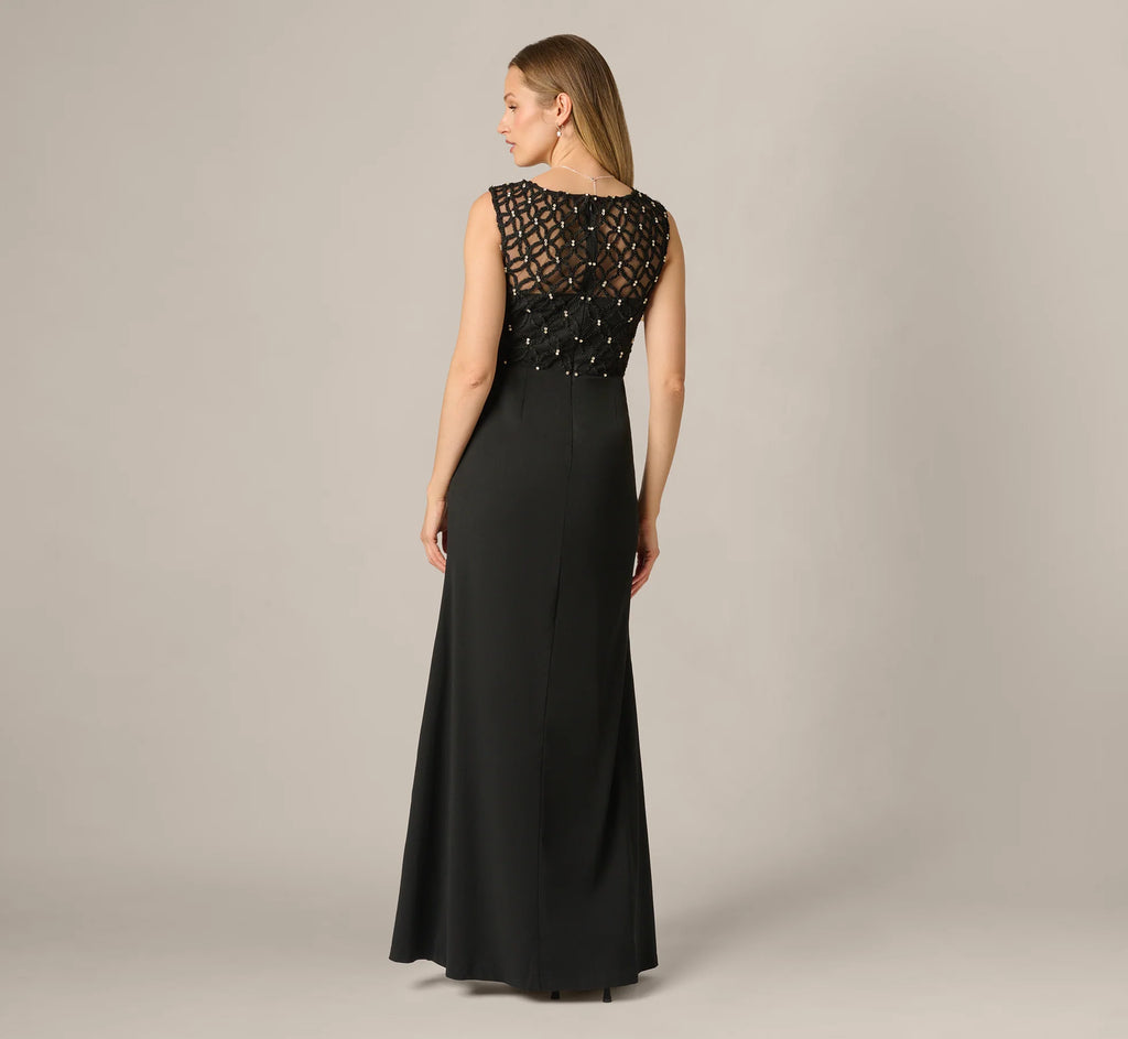 Draped Crepe Beaded Combo Gown In Black