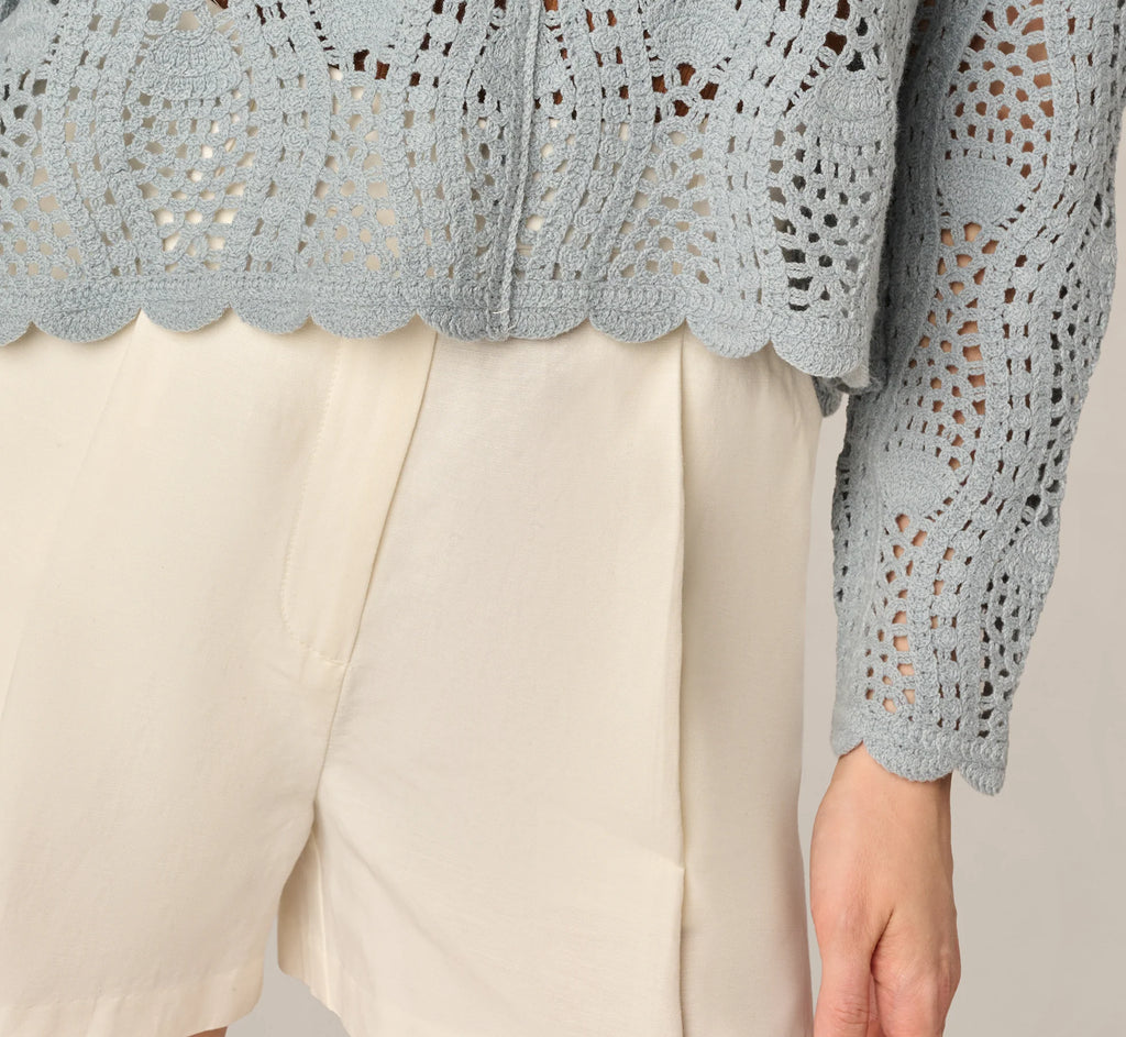 Long Sleeve Open Crochet Sweater In Soft Cloud