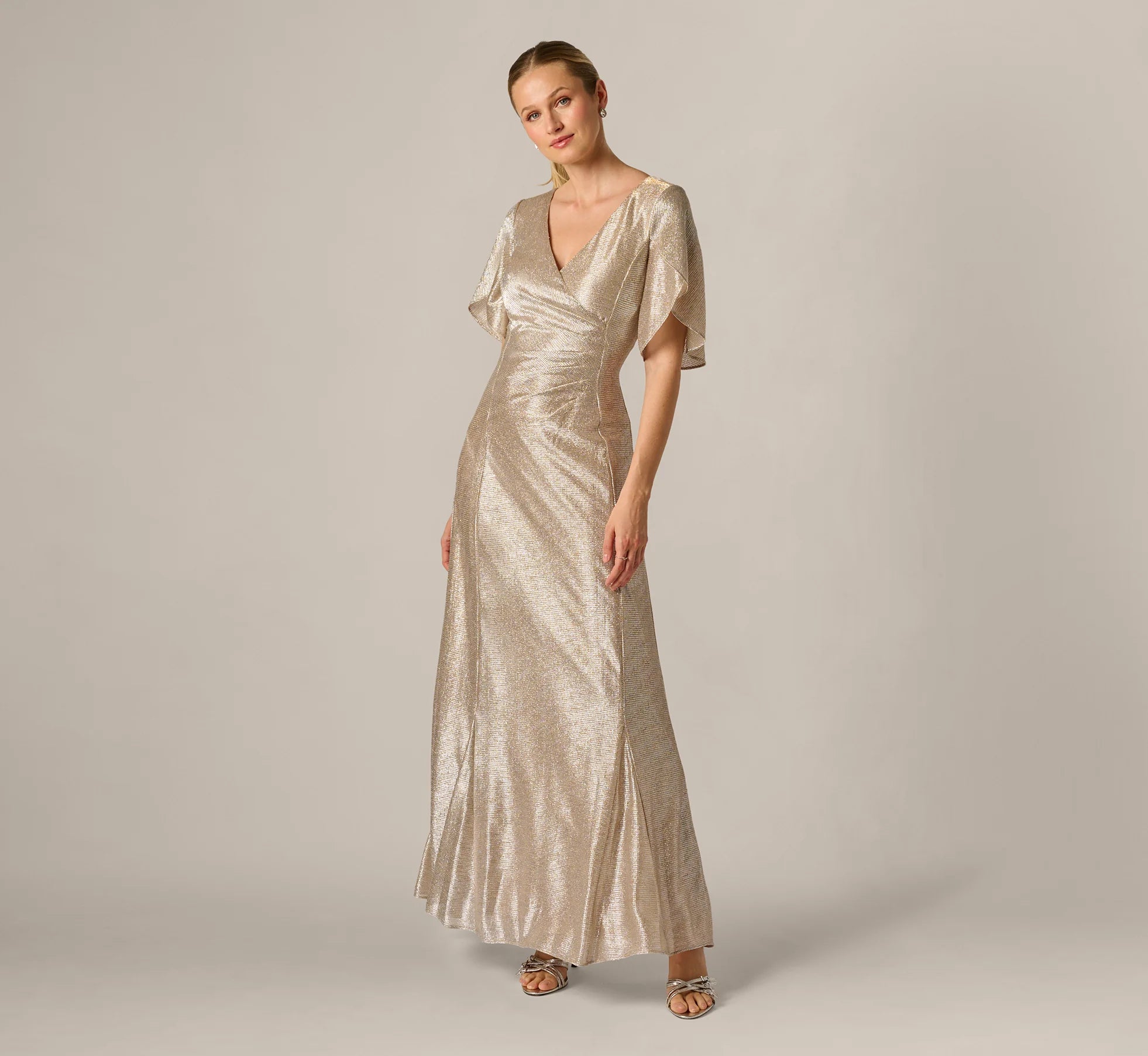 Metallic Flutter Knit Gown In Alabaster