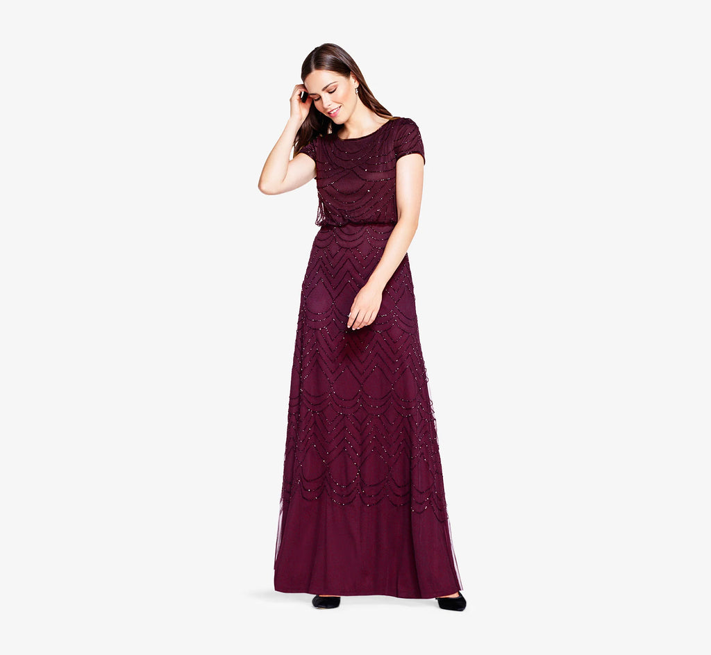 Short Sleeve Beaded Blouson Gown In Cassis