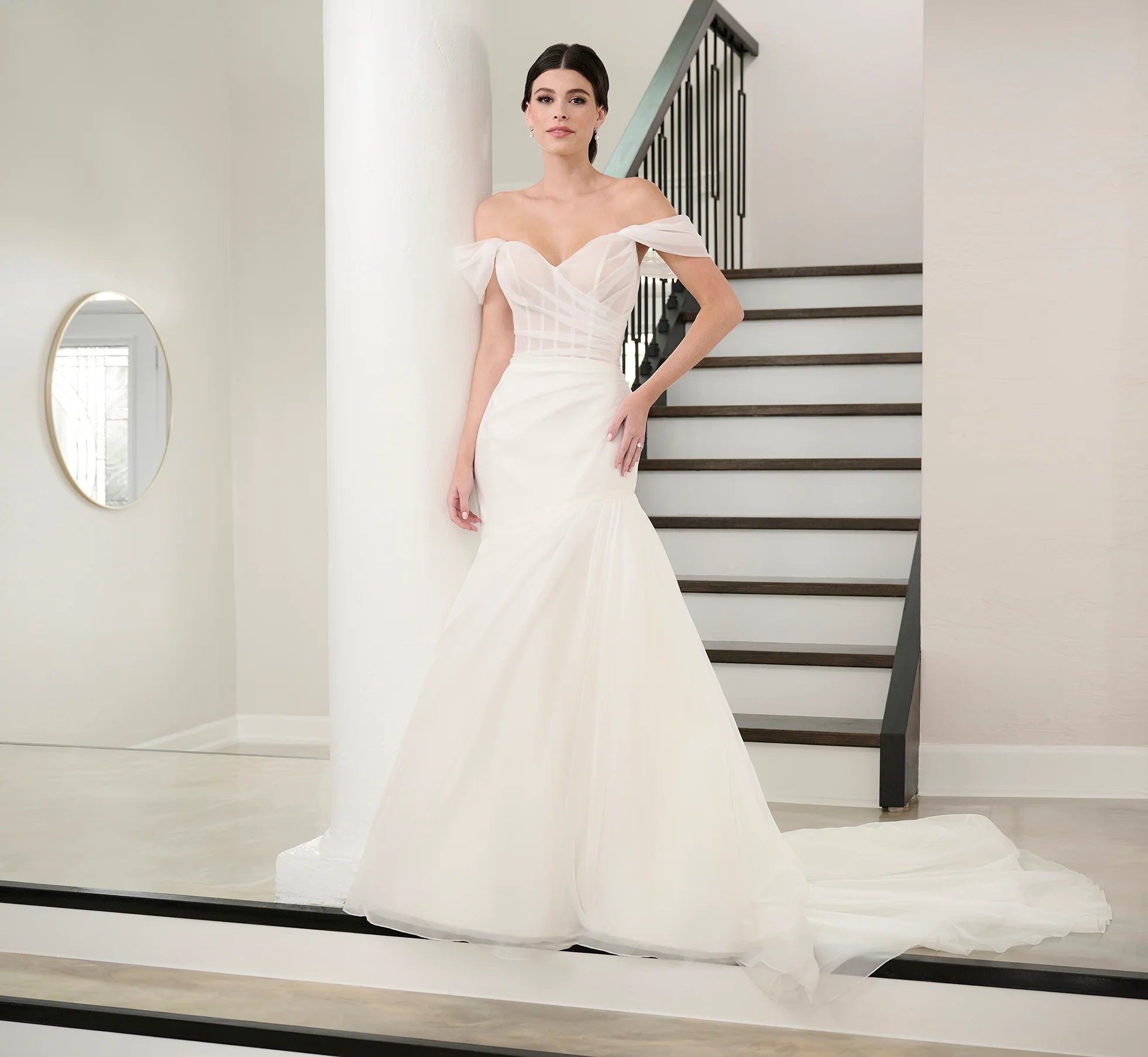 Watercolor Printed Organza Gown In Ivory