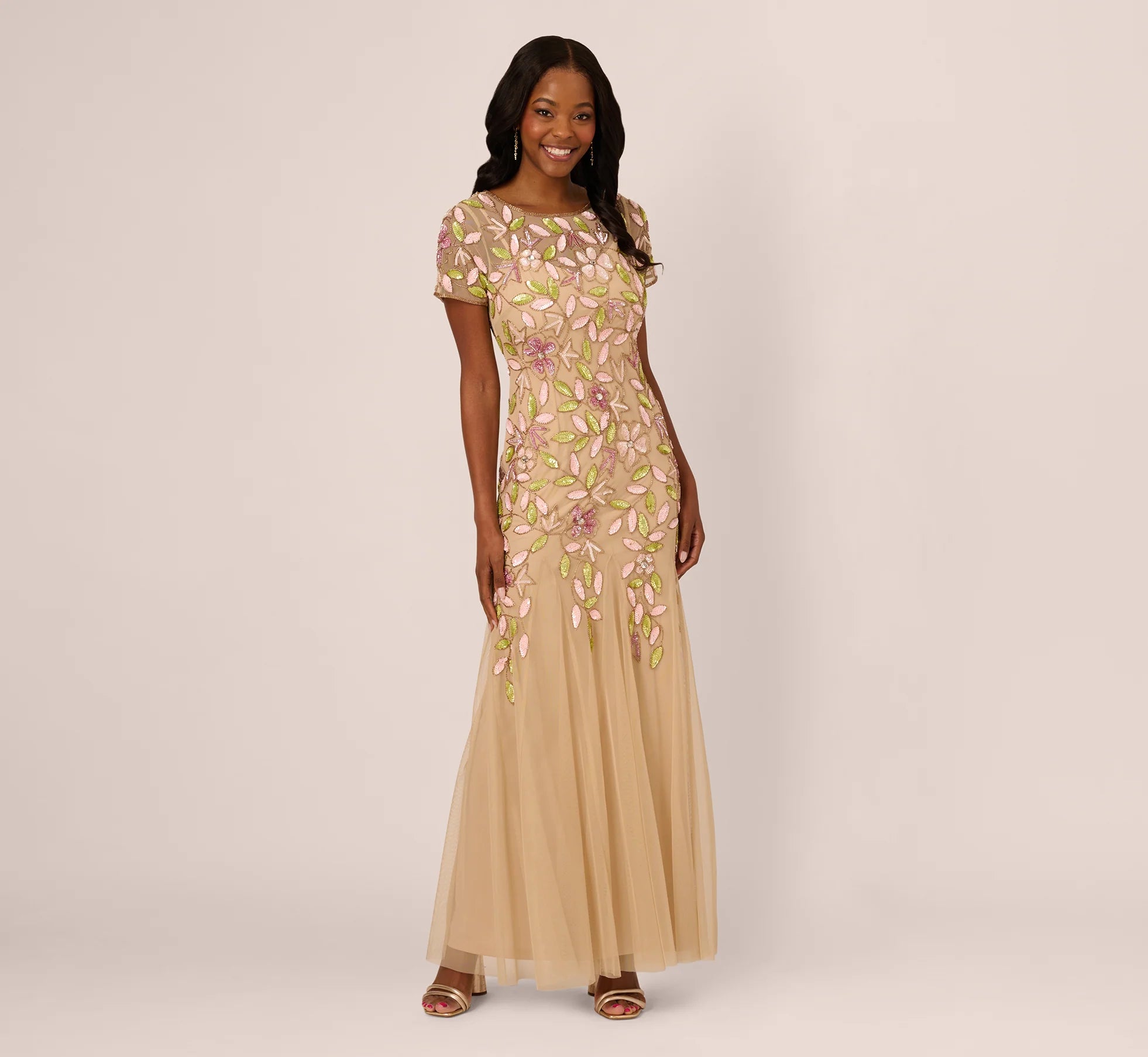 Short Sleeve Vine Beaded Godet Gown In Nude Multi