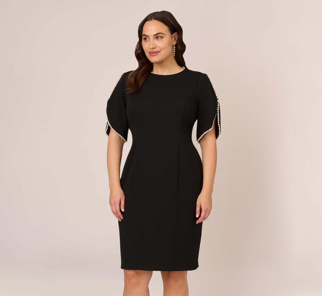 Plus Size Crepe Midi Length Sheath Dress With Pearly Trim In Black