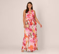 Plus Size Sleeveless Surplice Floral Chiffon Gown In Pink Orange Multi