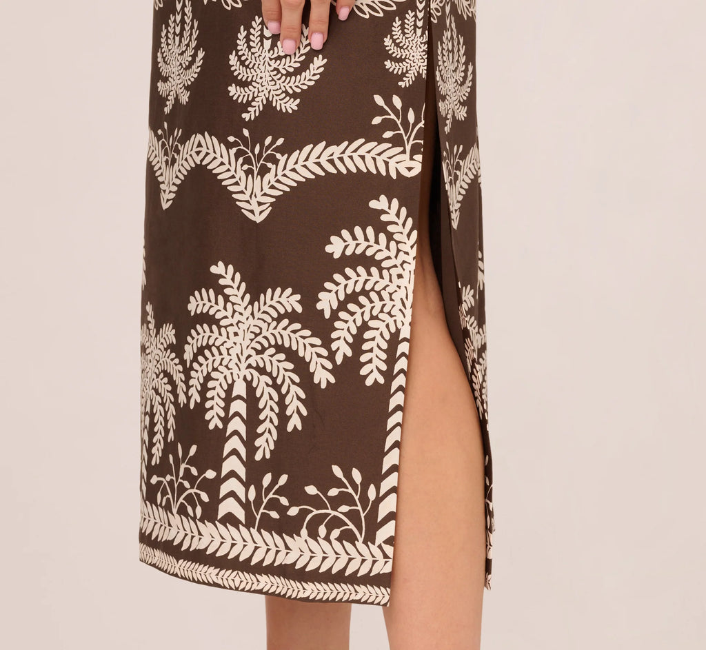 Sleeveless Bow Front Palm Tree Sundress In Brown Ivory