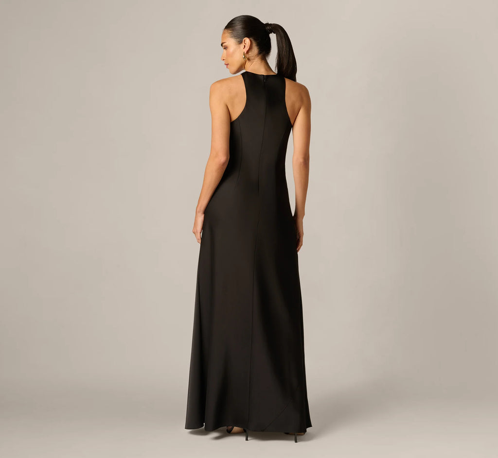 Stretch Satin Hardware Halter Collar Gown In Black
