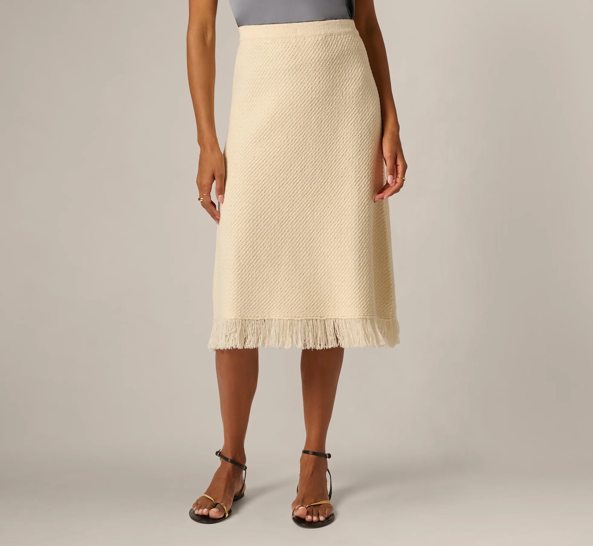 Textured Knit Fringe Midi Skirt In Cream