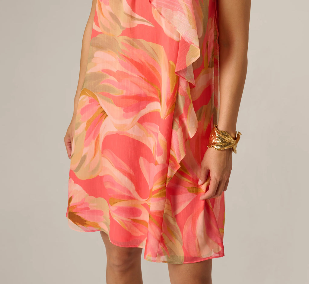 Draped Petal Floral Short Trapeze Dress In Coral Multi