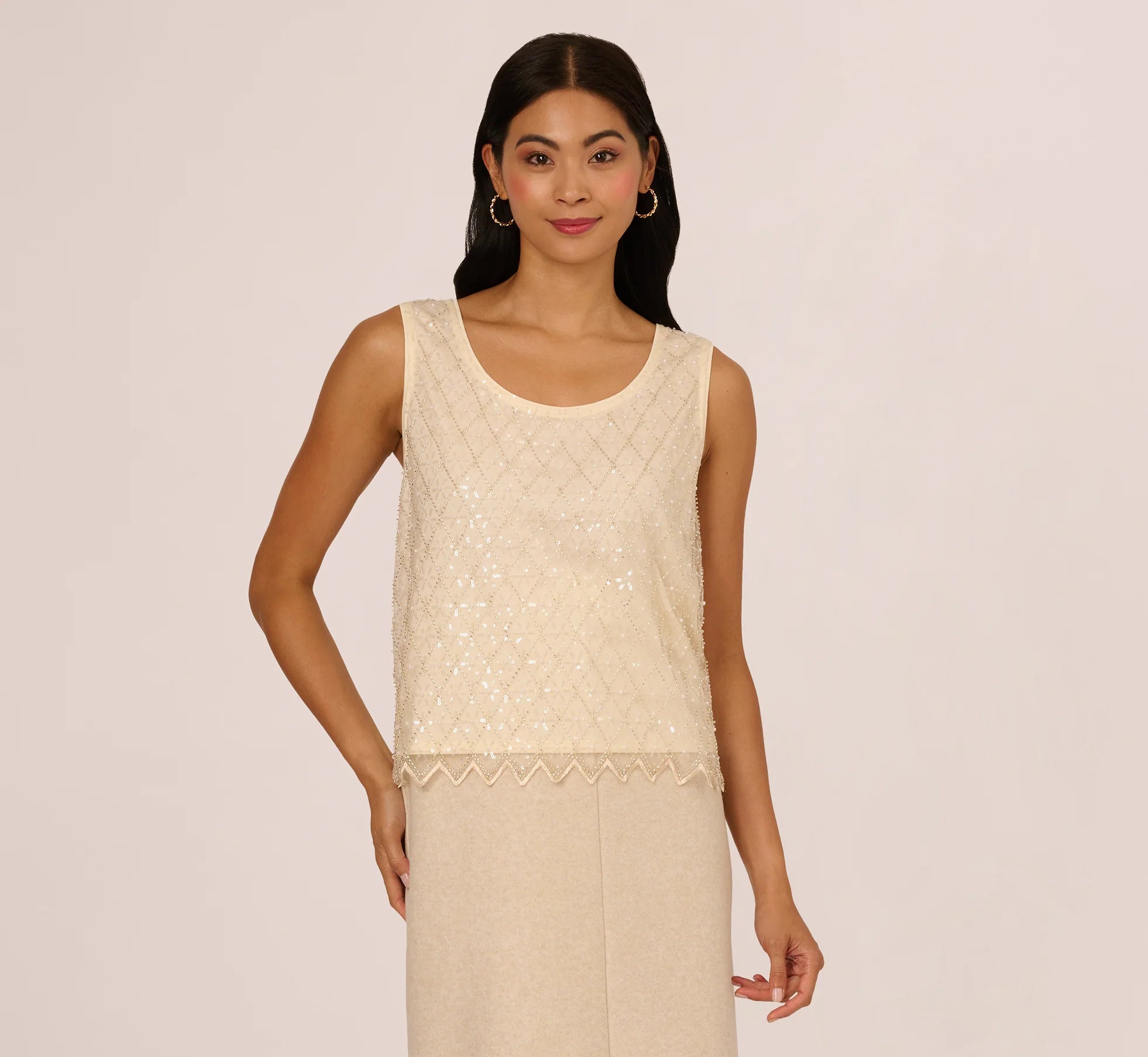 Sequin Beaded Tank Top In Almond Cream