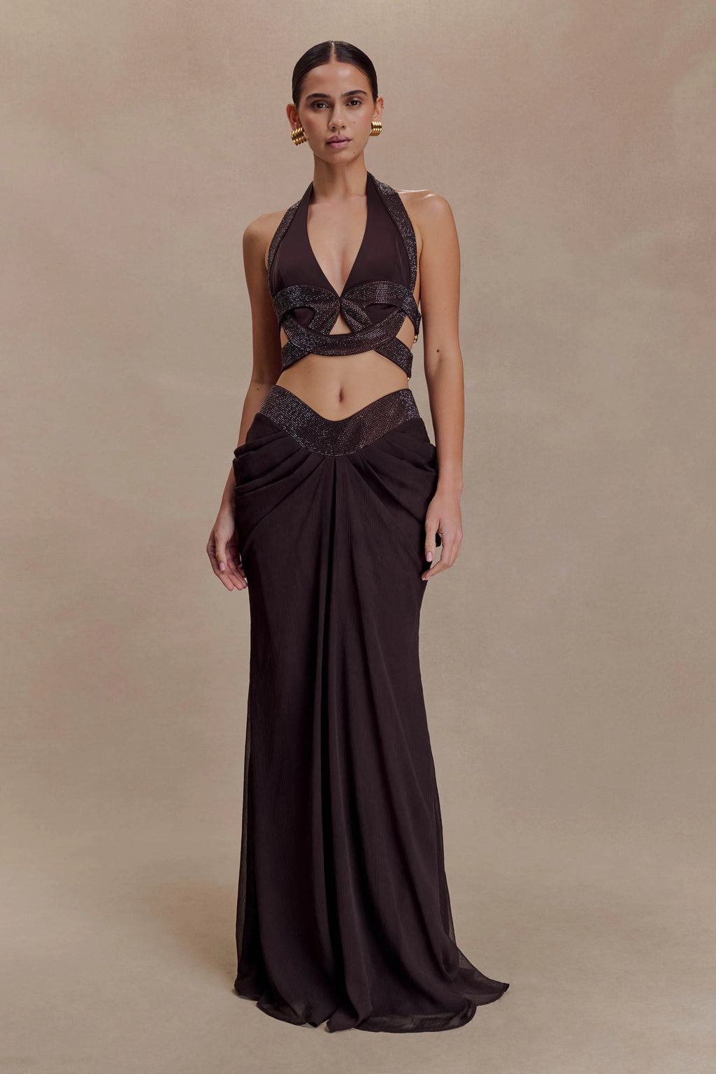 Siren Satin And Diamante Maxi Skirt - Dark Chocolate