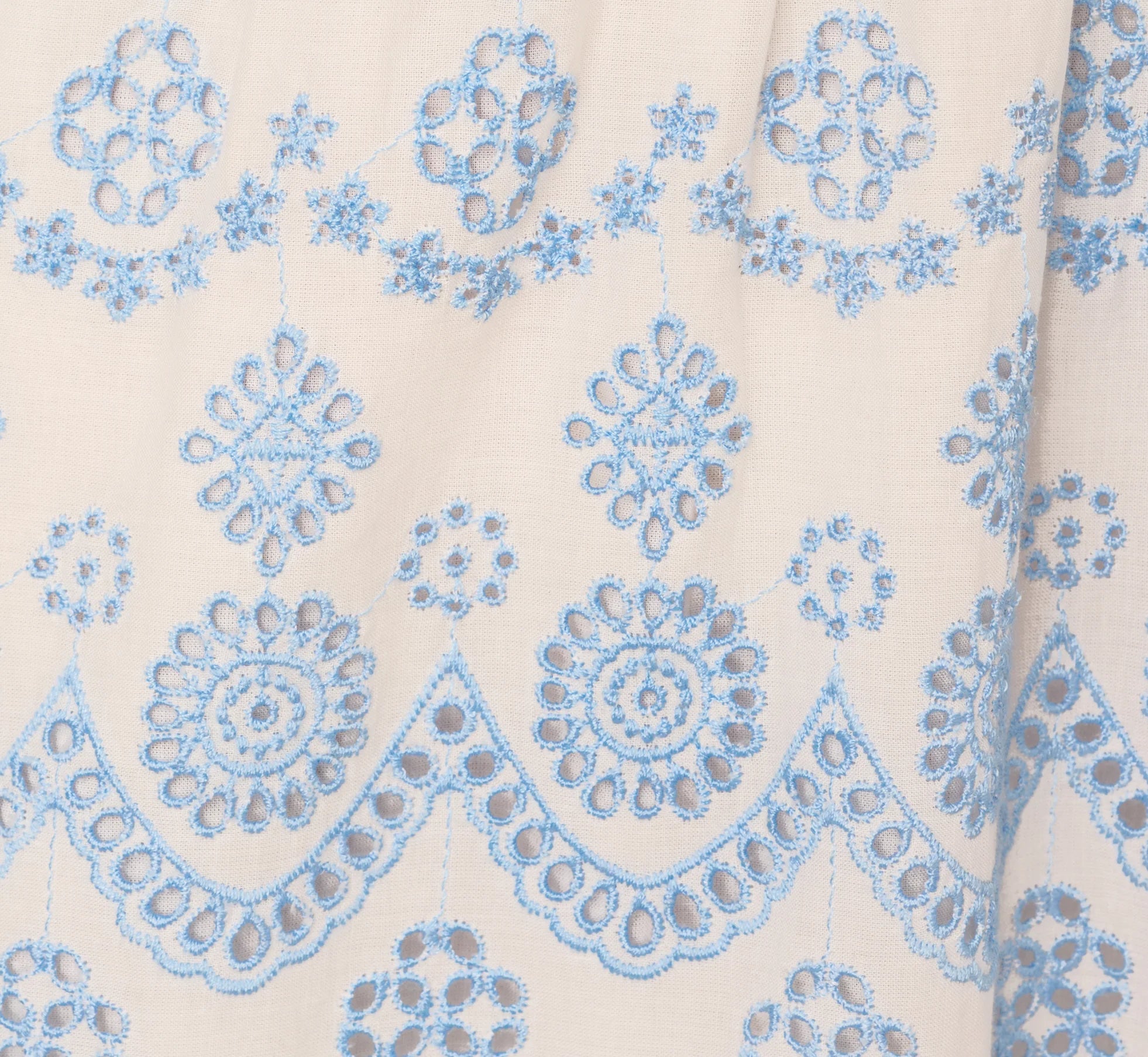 Long Sleeve Flounce Eyelet Shirt Dress In Light Blue Ivory