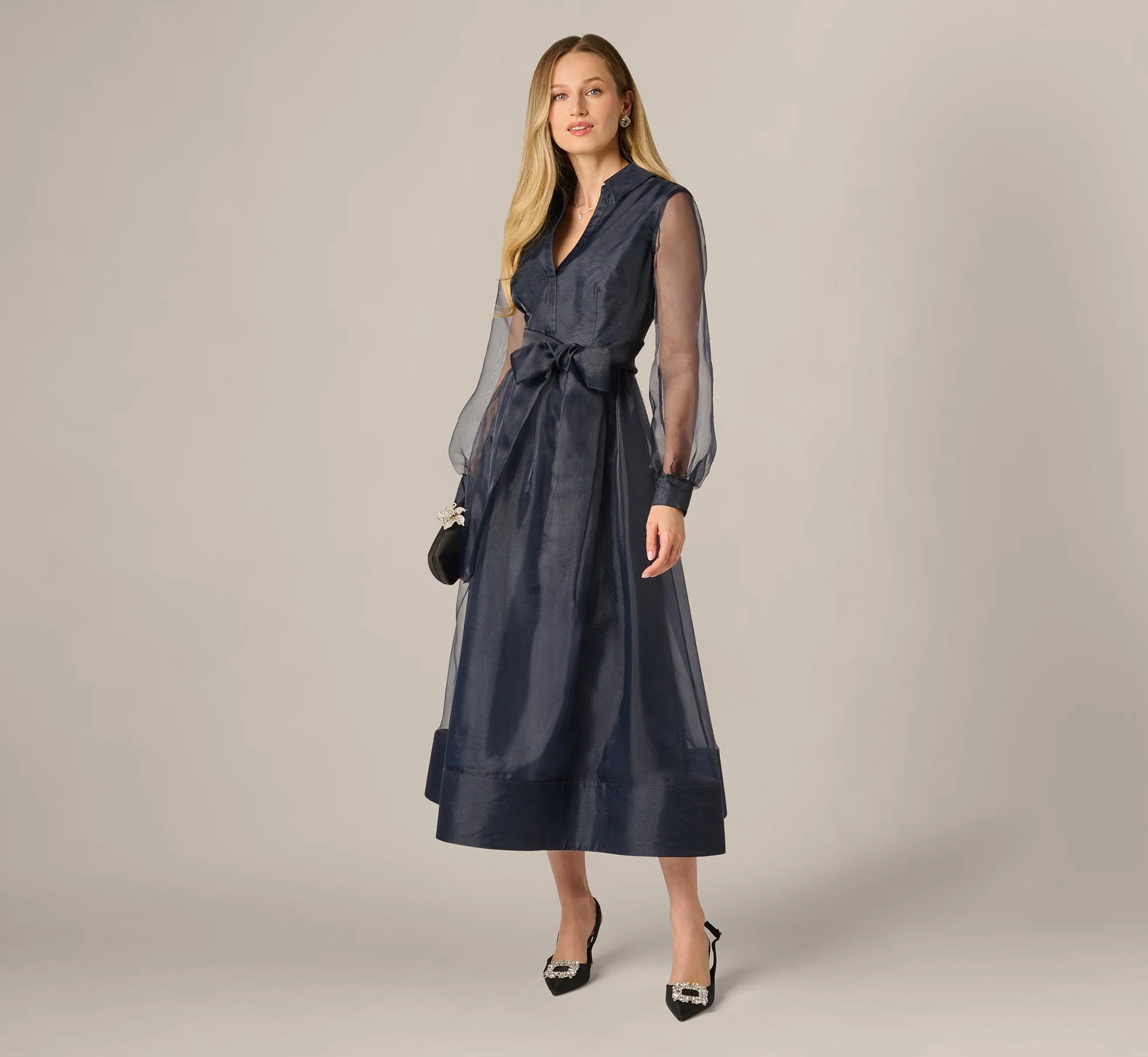 Long Sleeve Organza Collared Ankle Length Midi Dress In Midnight