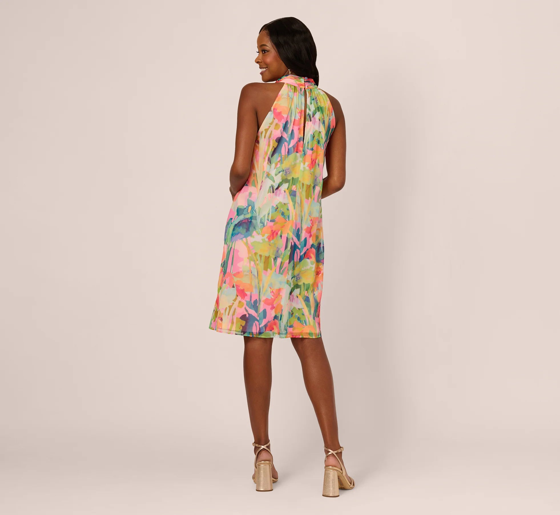 Floral Ruffle Chiffon Halter Trapeze Dress In Pink Multi