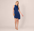 Satin Sleeveless Asymmetric Dress With Draped Neckline In Navy
