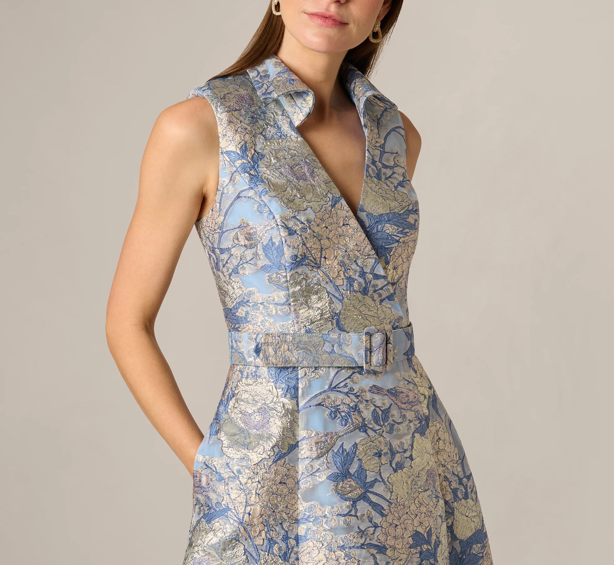 Hydrangea Floral Jacquard Collared Midi Dress In Blue Multi