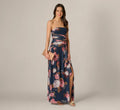 Strapless Ruched Floral Stretch Mesh Gown In Navy Multi