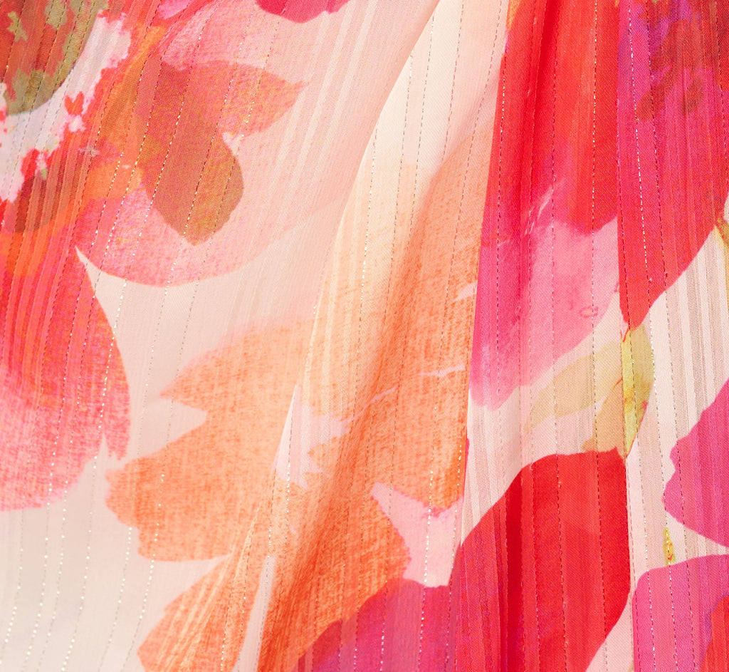 One Shoulder Watercolor Floral Stripe Gown In Ivory Pink Multi