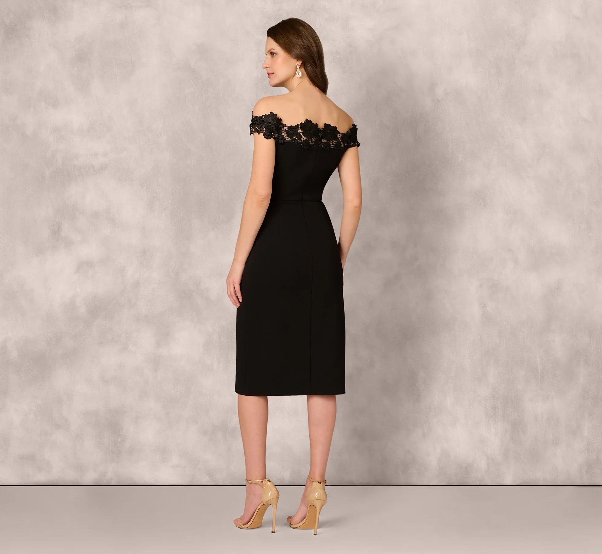 Off Shoulder Lace Trim Midi Sheath Dress In Black
